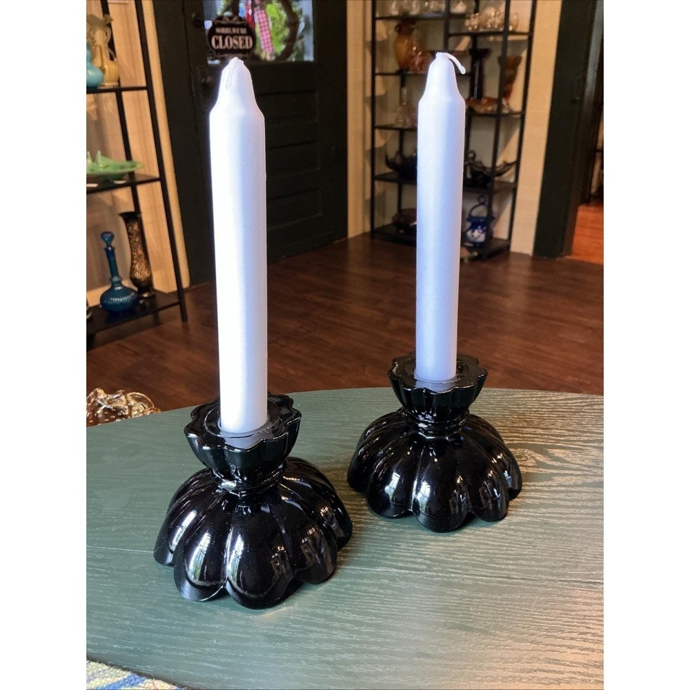 Vintage L. E. Smith Black Amethyst Glass Panel Pair of Candle Holders